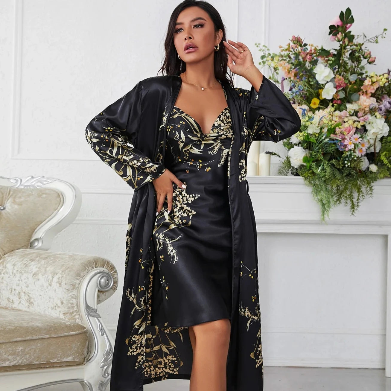 Elegant satin robe with nightgown for women