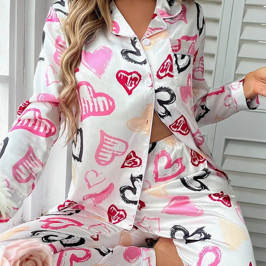 Heart print satin pyjamas set for elegant women