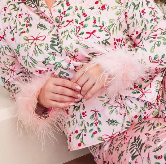 Luxurious feather-trimmed Christmas pyjama for women