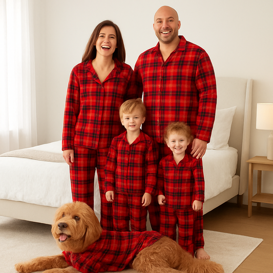 Plaid pyjamas for family and dog – Maximum comfort, classic look, and sizes for everyone