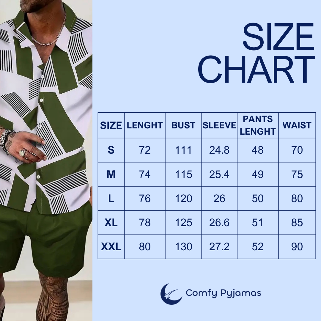 Men’s printed pyjama set for modern men | Short sleeve button-up shirt + Shorts, lightweight Fabric, breathable comfort