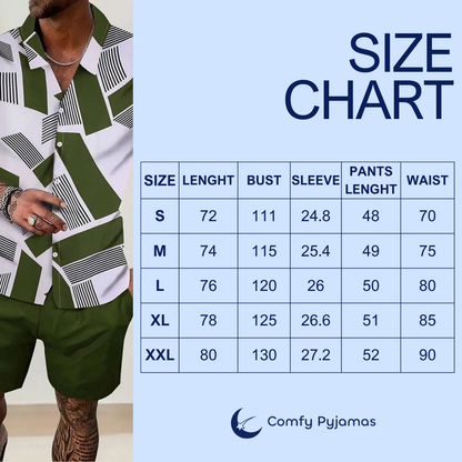 Men’s printed pyjama set for modern men | Short sleeve button-up shirt + Shorts, lightweight Fabric, breathable comfort