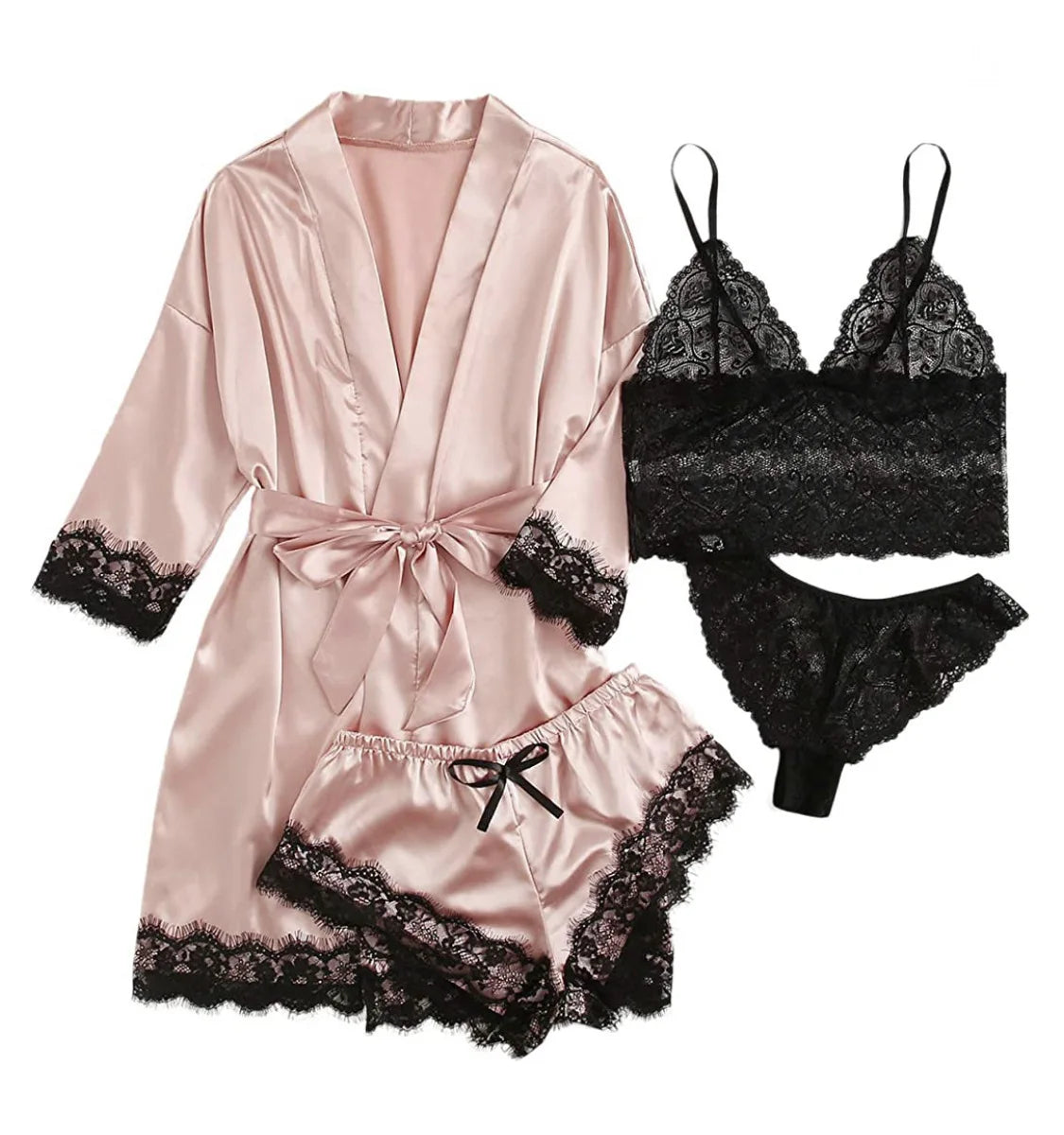 For Women Who Love Elegance and Sensuality | Women’s Satin Pyjama Set 4 Pieces, Luxurious Lace & Comfort
