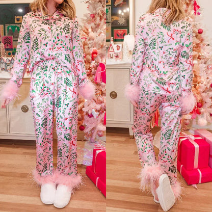 Luxurious feather-trimmed Christmas pyjama for women