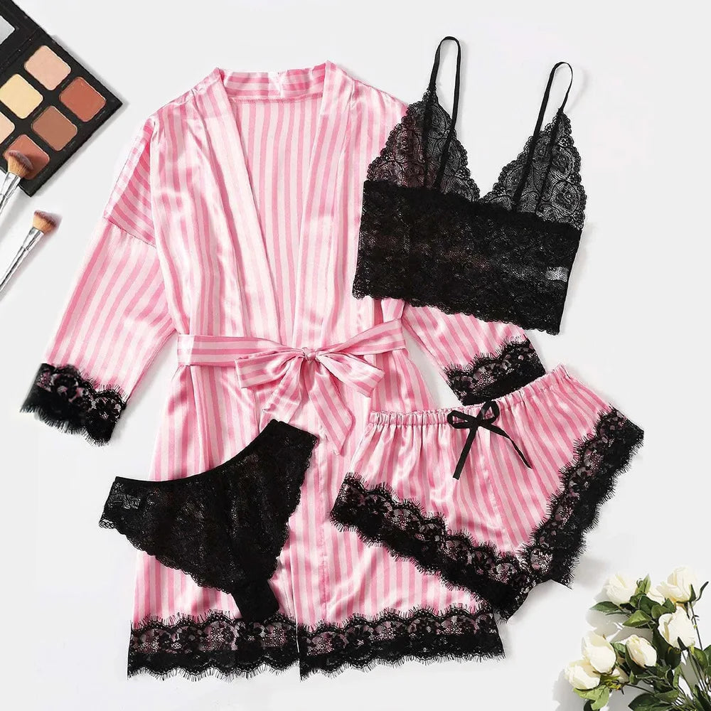 For Women Who Love Elegance and Sensuality | Women’s Satin Pyjama Set 4 Pieces, Luxurious Lace & Comfort