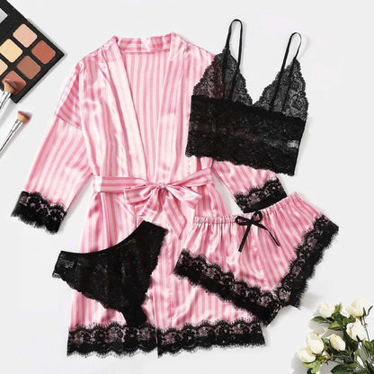 For Women Who Love Elegance and Sensuality | Women’s Satin Pyjama Set 4 Pieces, Luxurious Lace & Comfort