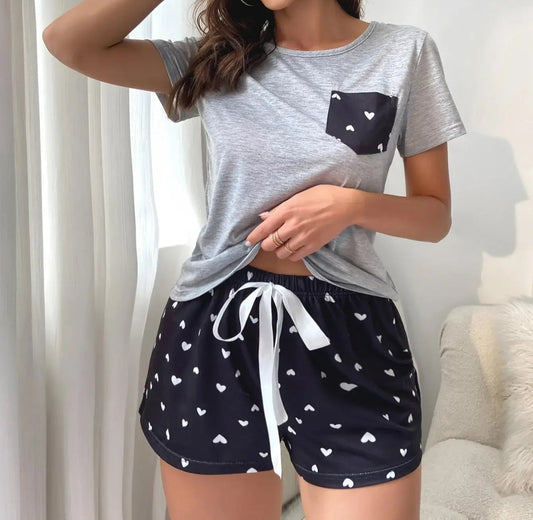 Cotton Summer Women's Pyjamas Set 2 Pieces Heart Print