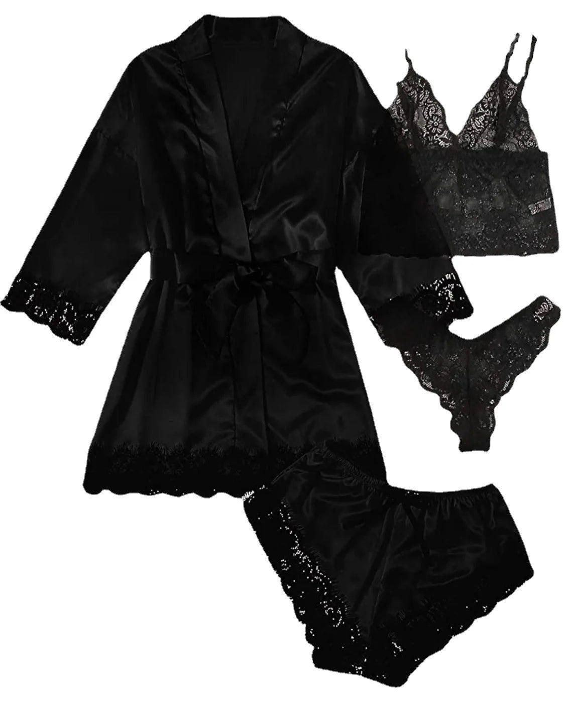 For Women Who Love Elegance and Sensuality | Women’s Satin Pyjama Set 4 Pieces, Luxurious Lace & Comfort