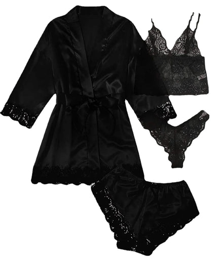 For Women Who Love Elegance and Sensuality | Women’s Satin Pyjama Set 4 Pieces, Luxurious Lace & Comfort