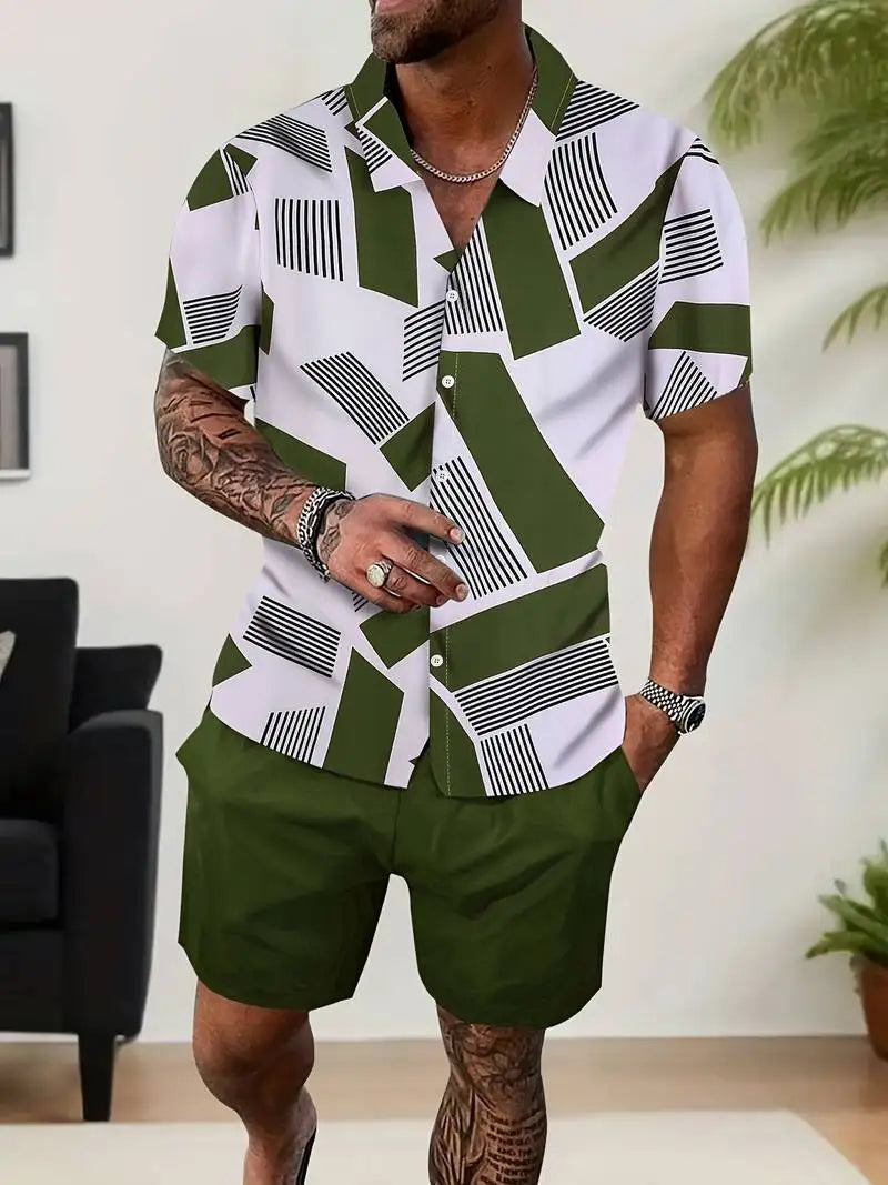 Men’s printed pyjama set for modern men | Short sleeve button-up shirt + Shorts, lightweight Fabric, breathable comfort