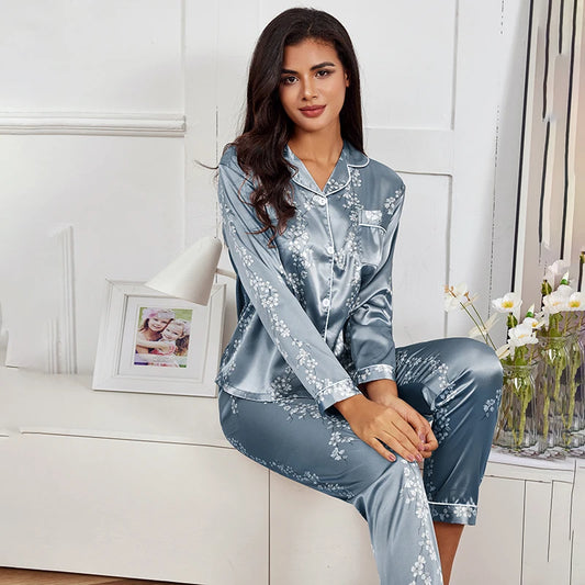 Elegant and cozy floral print satin pyjamas set