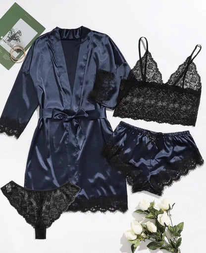 For Women Who Love Elegance and Sensuality | Women’s Satin Pyjama Set 4 Pieces, Luxurious Lace & Comfort