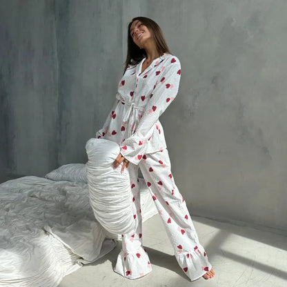 Stylish women's long sleeve cotton pyjamas with heart print