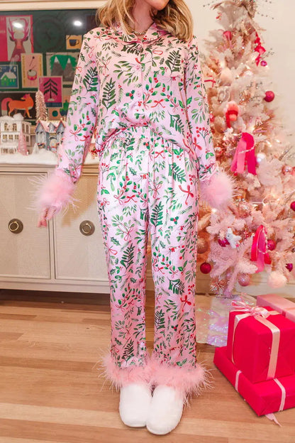 Luxurious feather-trimmed Christmas pyjama for women