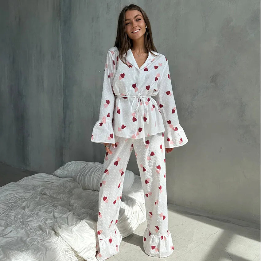 Stylish women's long sleeve cotton pyjamas with heart print